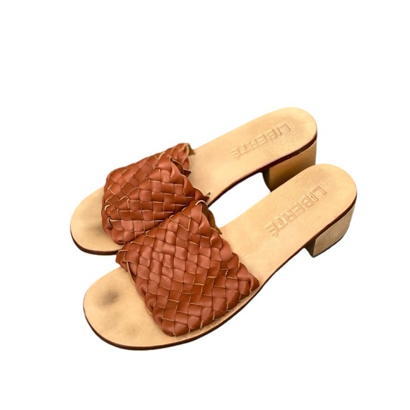 LIBERTÉ Santorini Leather Woven Cognac Mules Heeled Open Toe Sandals - Picture 5 of 14